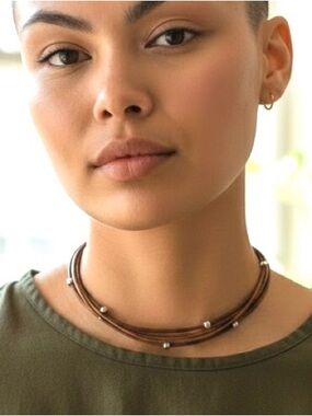 Three Strand Coated Leather Necklace 925 Sterling Silver Beads & Lobster Clasp